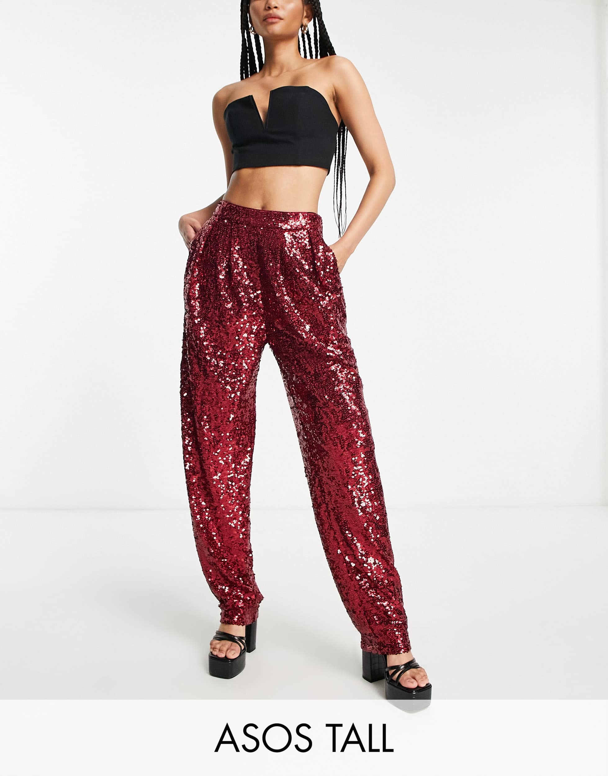 ASOS DESIGN Tall sequin slouchy trouser in ruby
