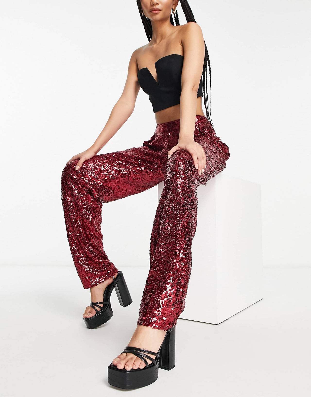 ASOS DESIGN Tall sequin slouchy trouser in ruby