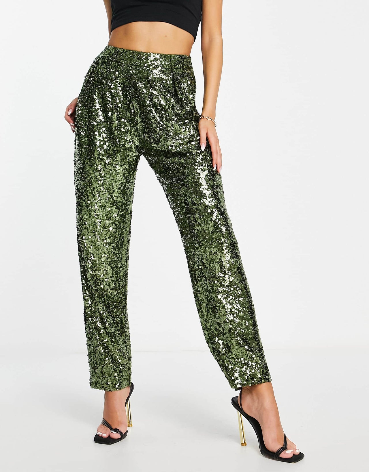 ASOS DESIGN sequin slouchy trousers in khaki
