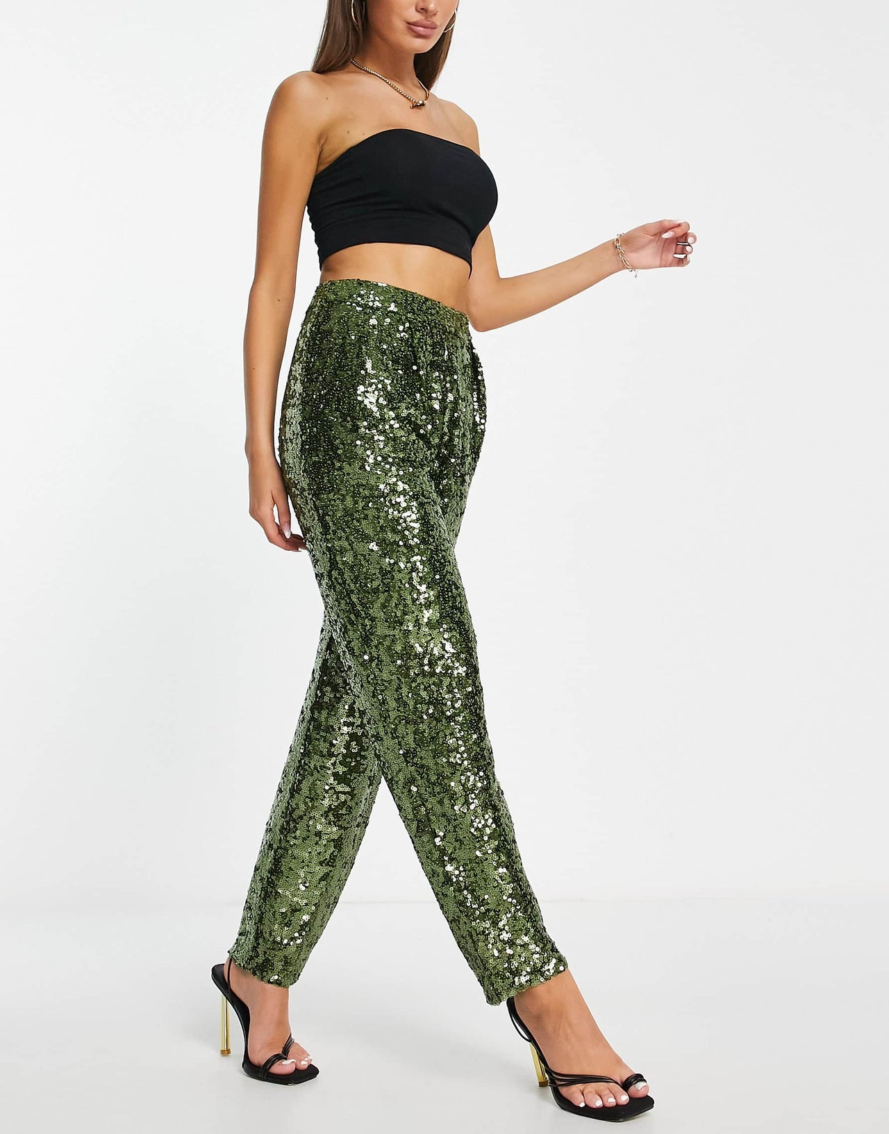 ASOS DESIGN sequin slouchy trousers in khaki