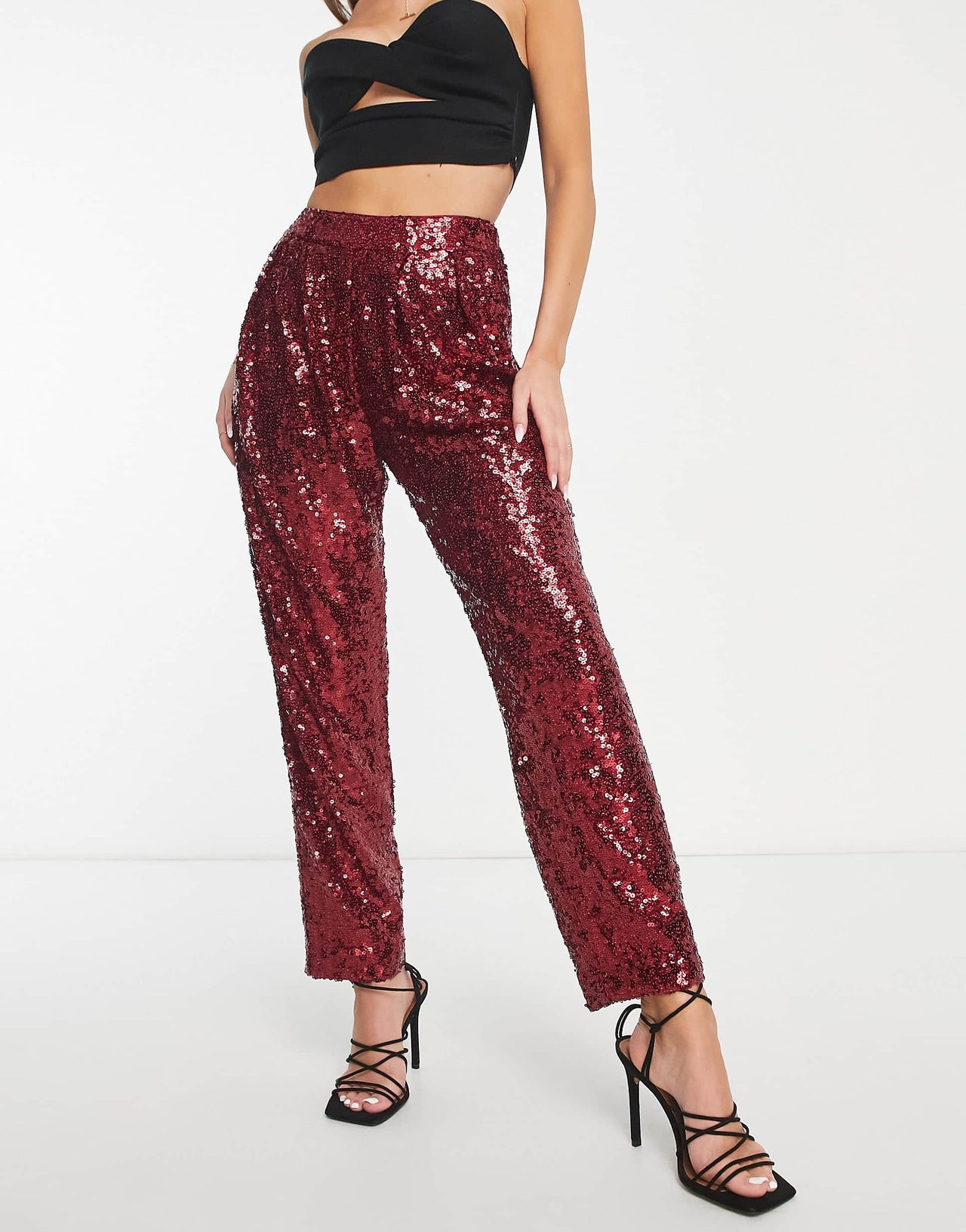 ASOS DESIGN sequin slouchy trousers in red