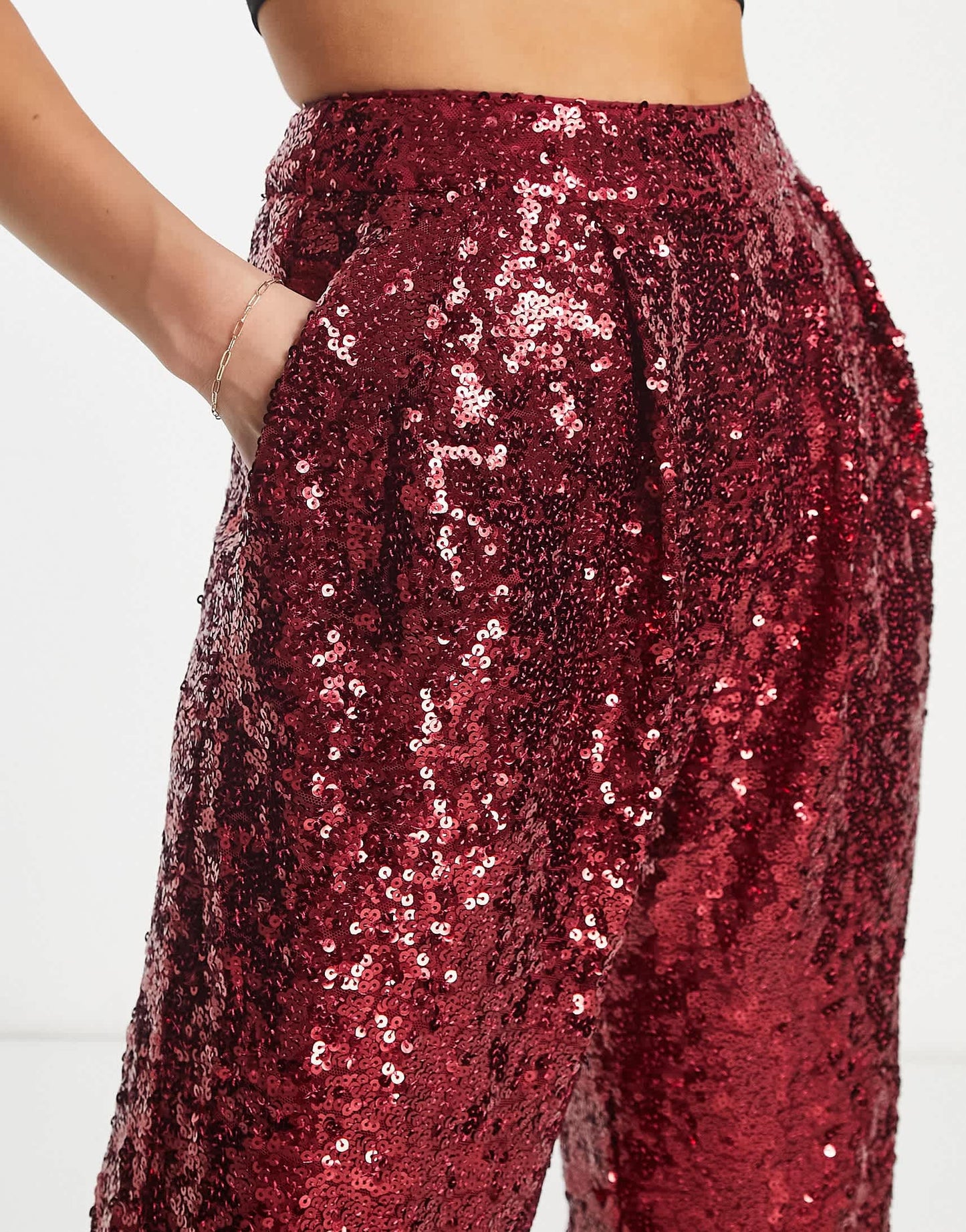 ASOS DESIGN sequin slouchy trousers in red
