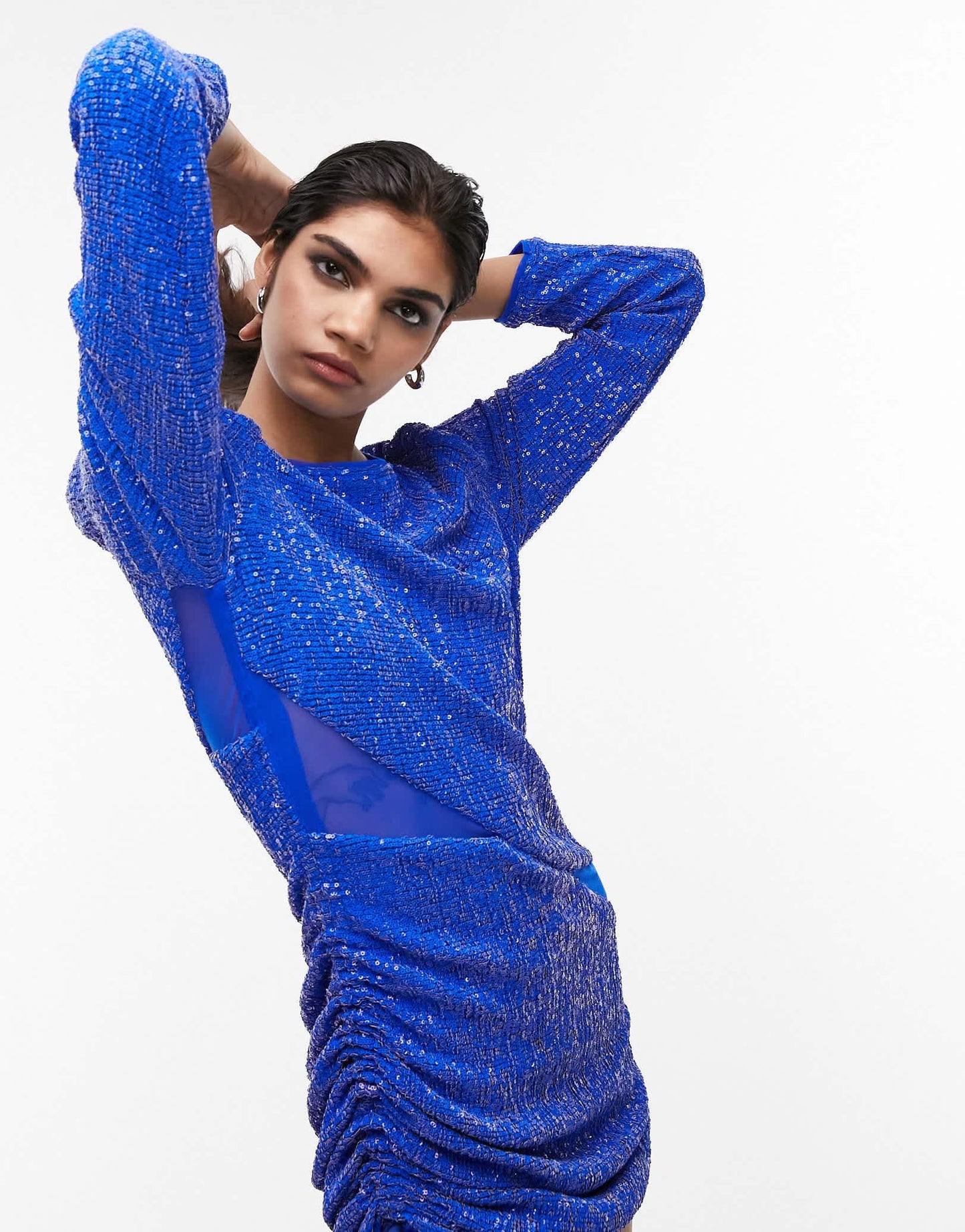 Topshop embellished mini dress with mesh panels in cobalt
