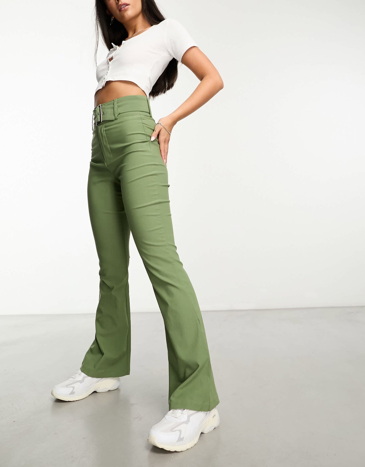 Daisy Street high waisted bengaline trousers with belt in sage co-ord