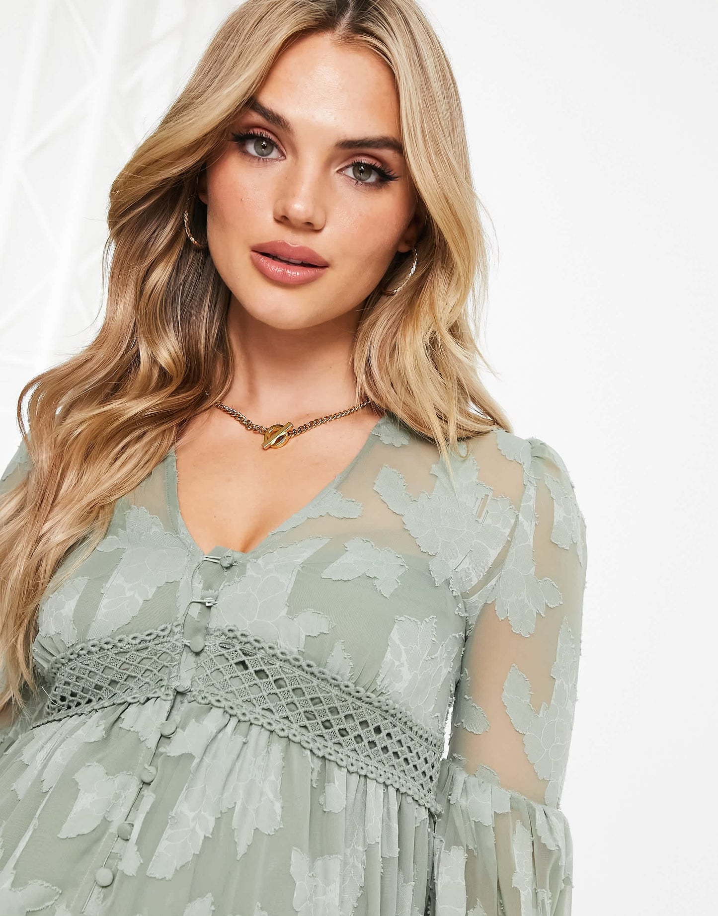 ASOS DESIGN Maternity button through midi shirt dress with lace inserts in burnout in khaki