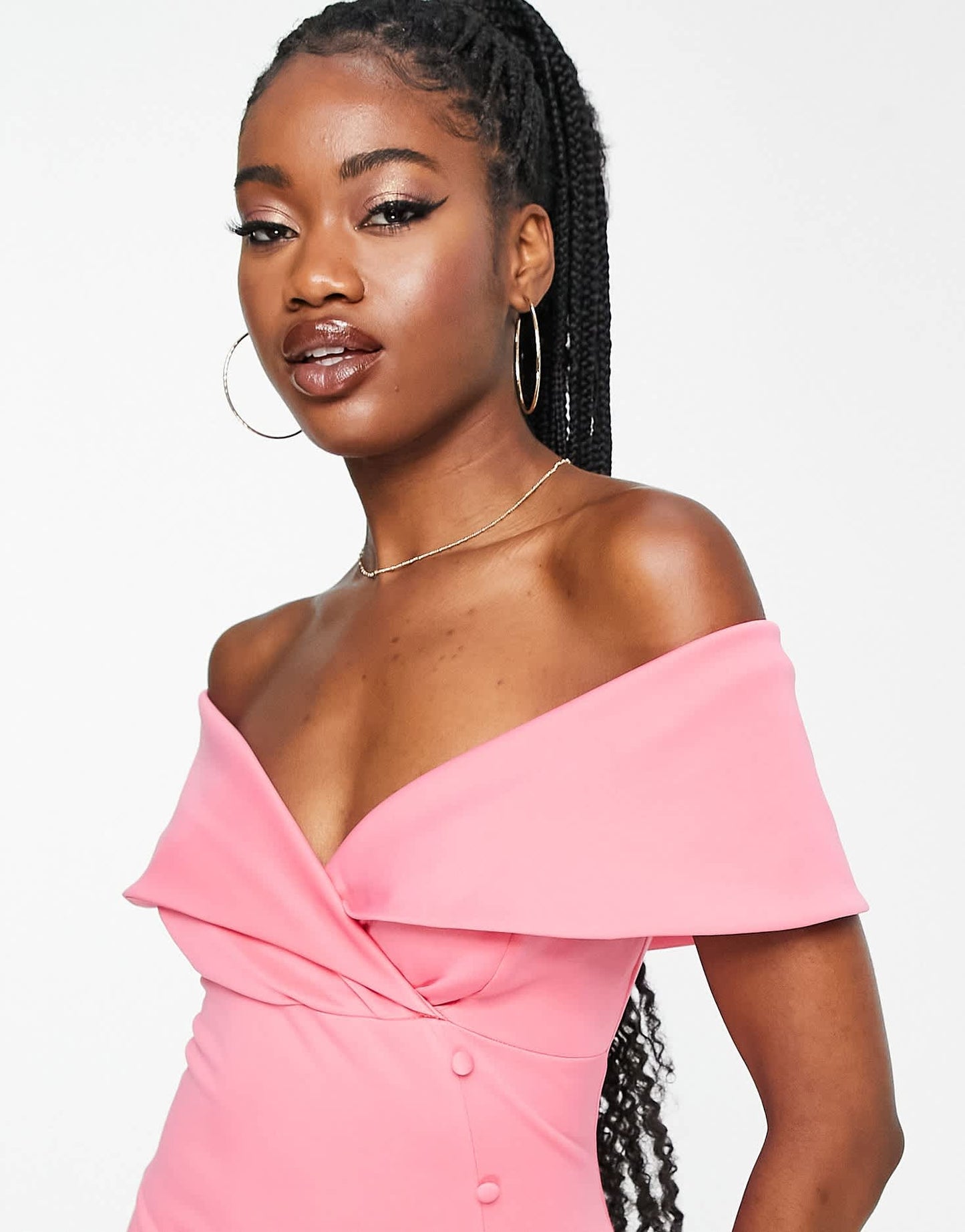 ASOS DESIGN off shoulder button detail mini dress in hot pink