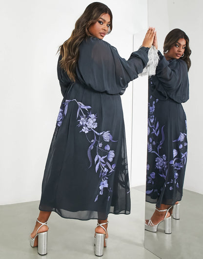 ASOS EDITION Curve batwing chiffon midi dress with floral embroidery in petrol blue