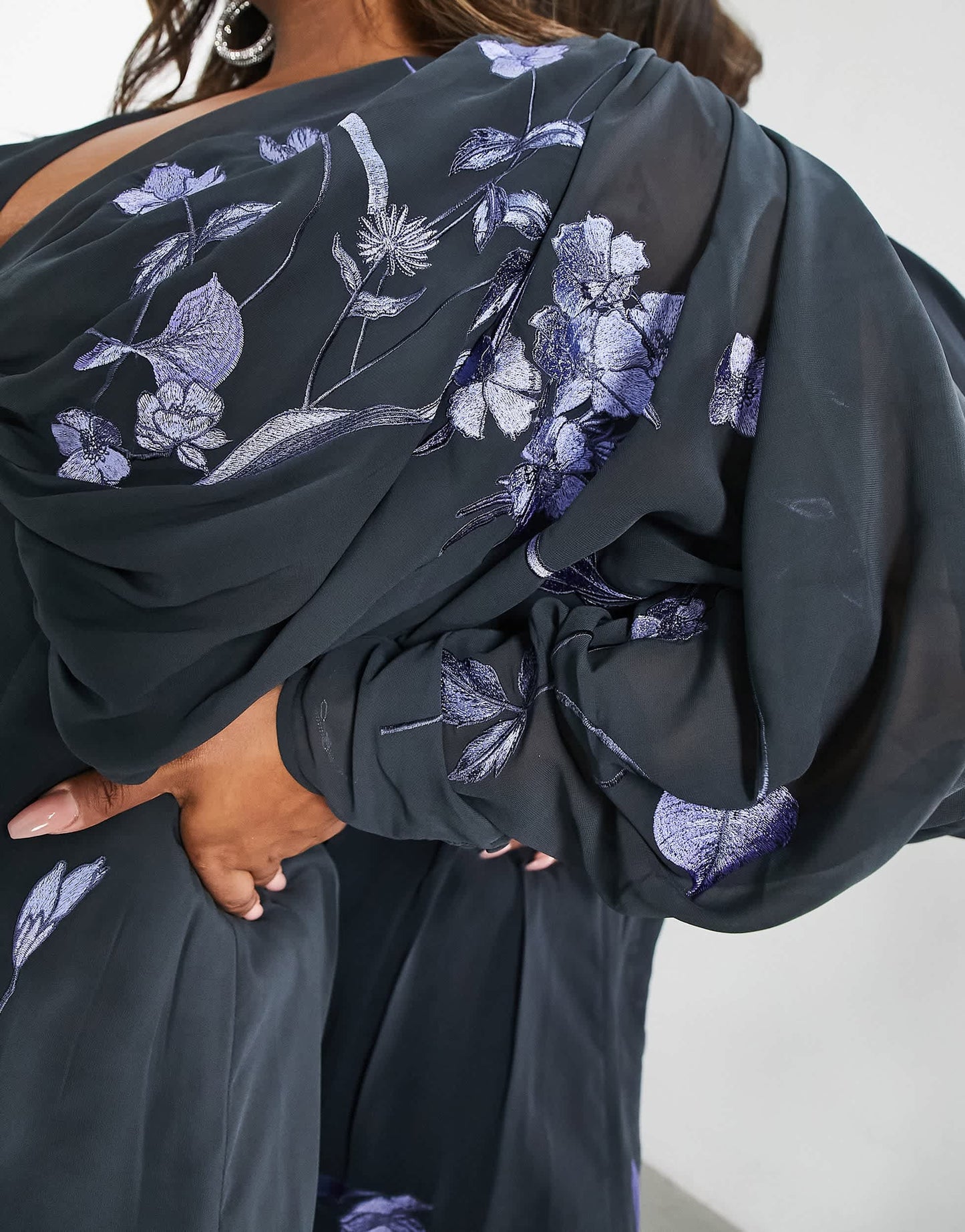 ASOS EDITION Curve batwing chiffon midi dress with floral embroidery in petrol blue