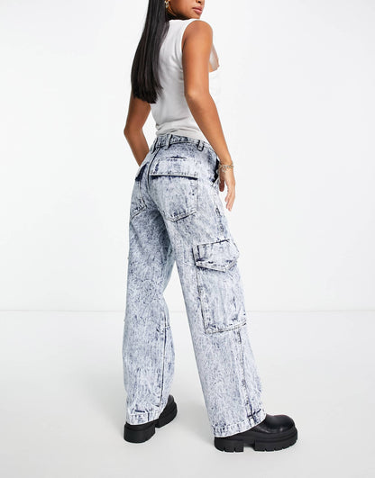 Miss Selfridge Petite denim wide leg cargo jean in dark acid wash blue