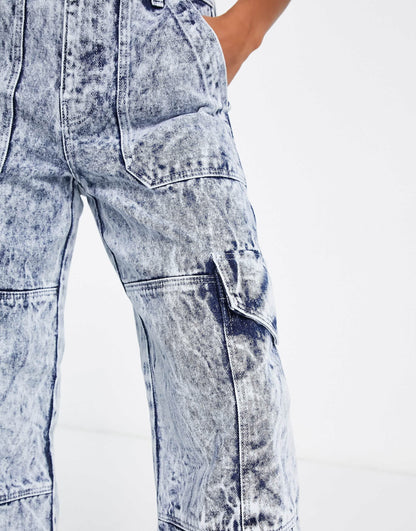 Miss Selfridge Petite denim wide leg cargo jean in dark acid wash blue