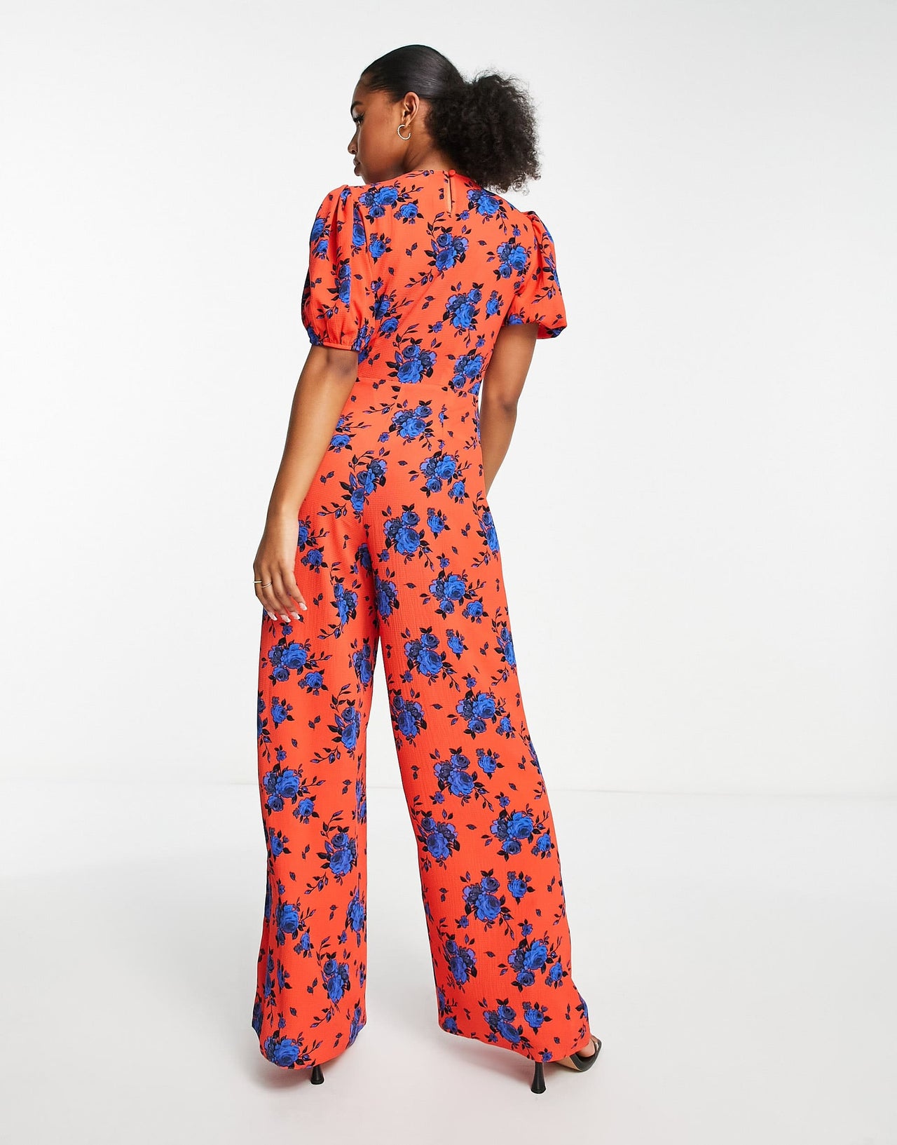 ASOS DESIGN bubble crepe v neck puff sleeve jumpsuit in floral print