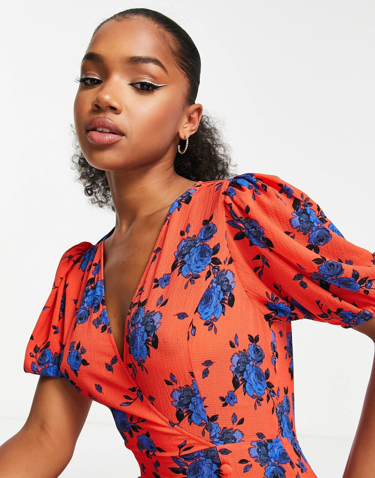 ASOS DESIGN bubble crepe v neck puff sleeve jumpsuit in floral print