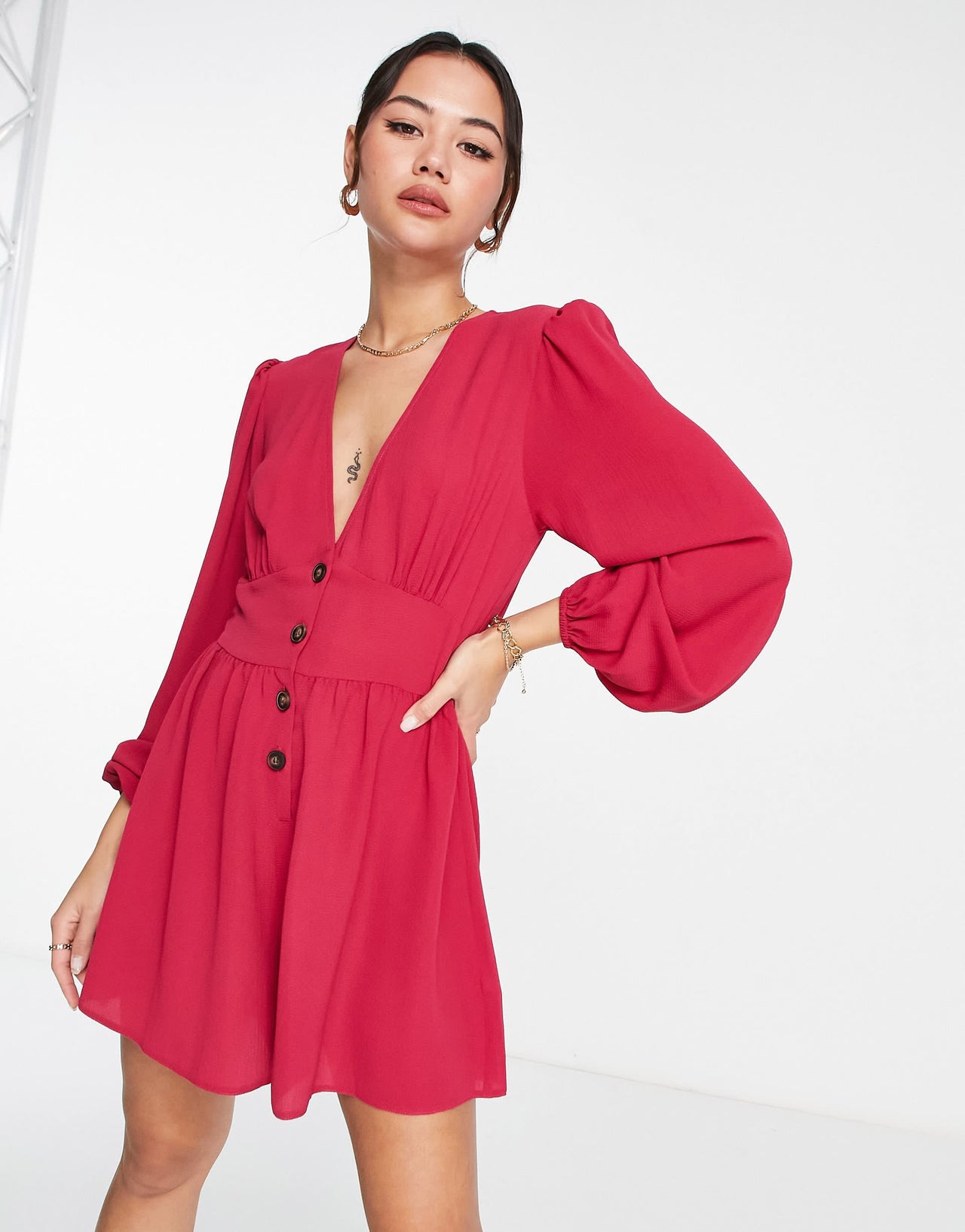 ASOS DESIGN crepe plunge neck playsuit with puff sleeve in dark pink