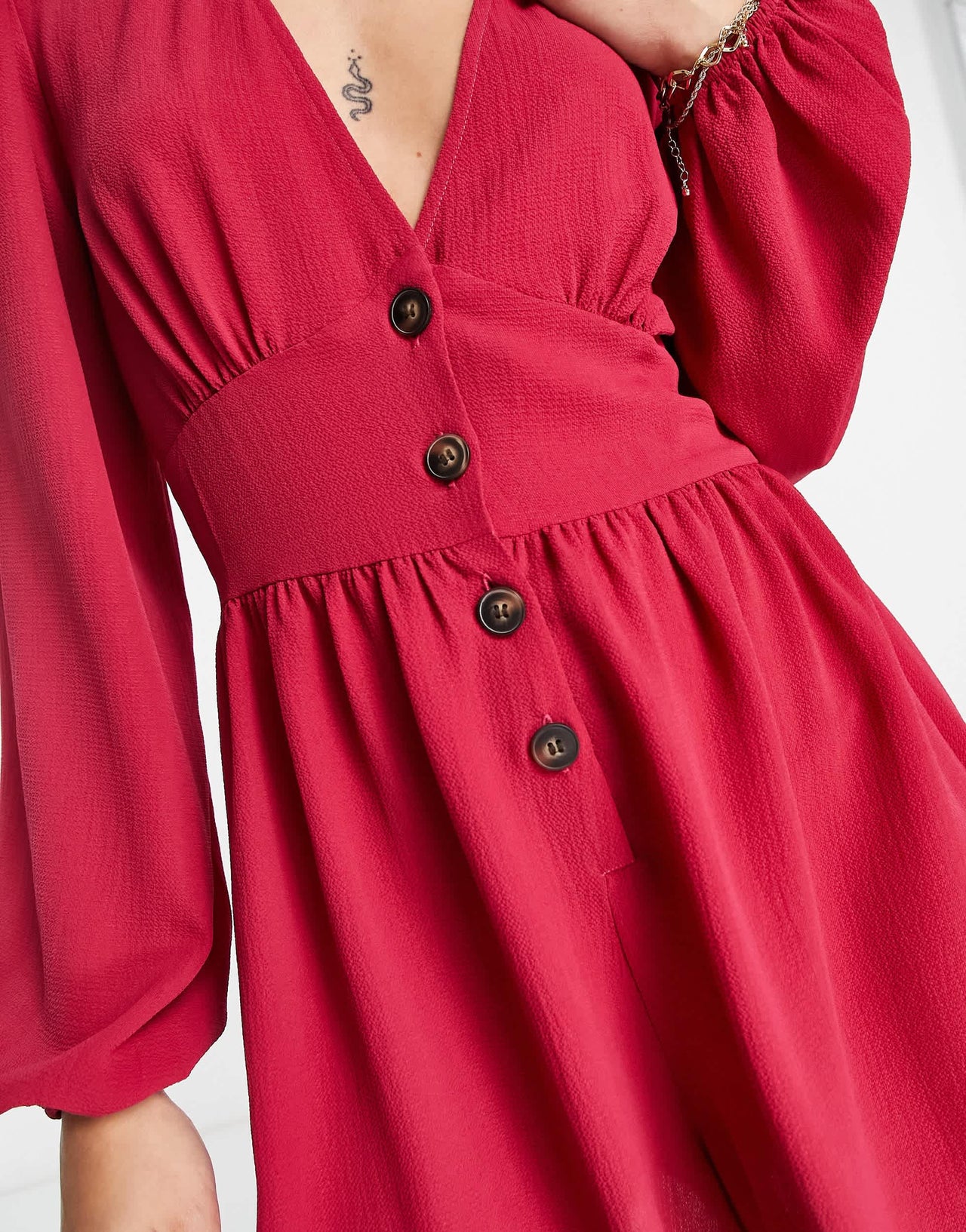 ASOS DESIGN crepe plunge neck playsuit with puff sleeve in dark pink