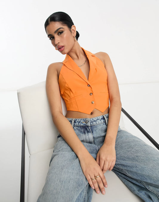 Miss Selfridge halterneck waistcoat in orange