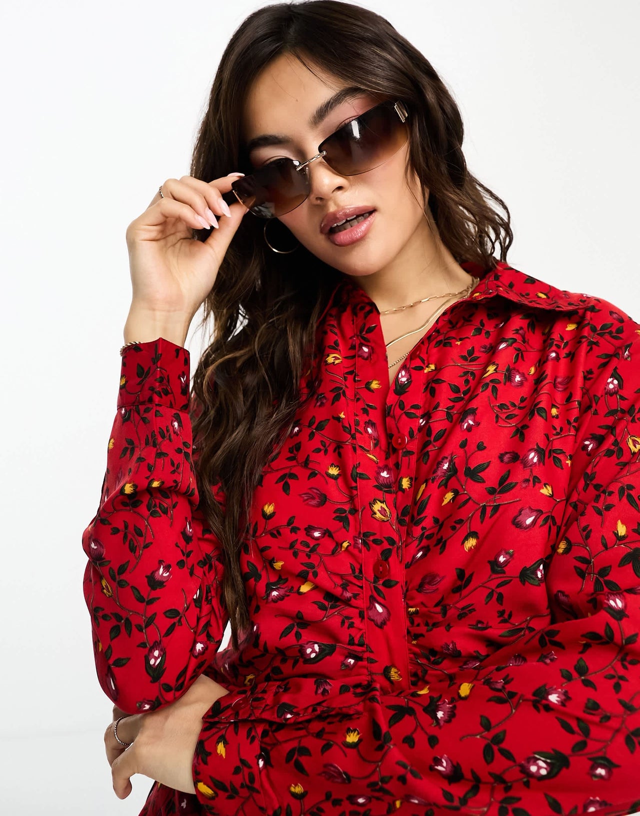 Goddiva ruched front midi dress in red floral