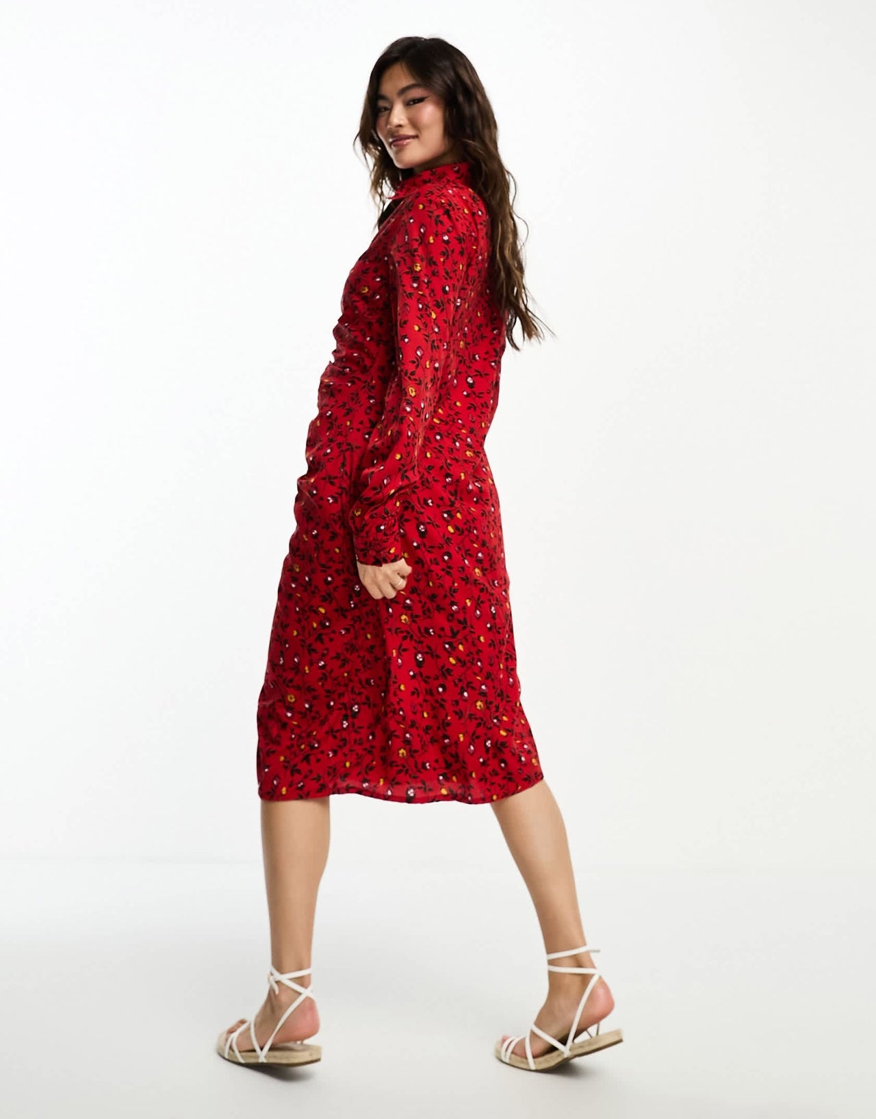Goddiva ruched front midi dress in red floral
