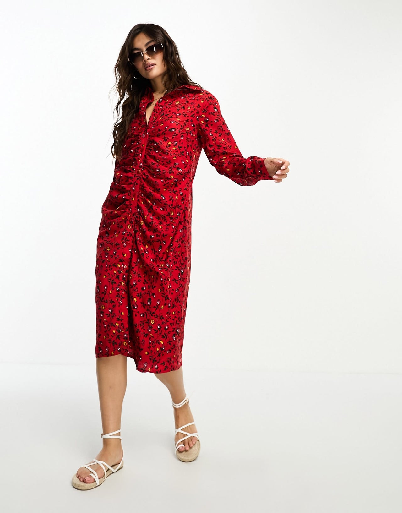 Goddiva ruched front midi dress in red floral