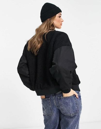Urban Classics oversized sherpa mixed bomber jacket in black