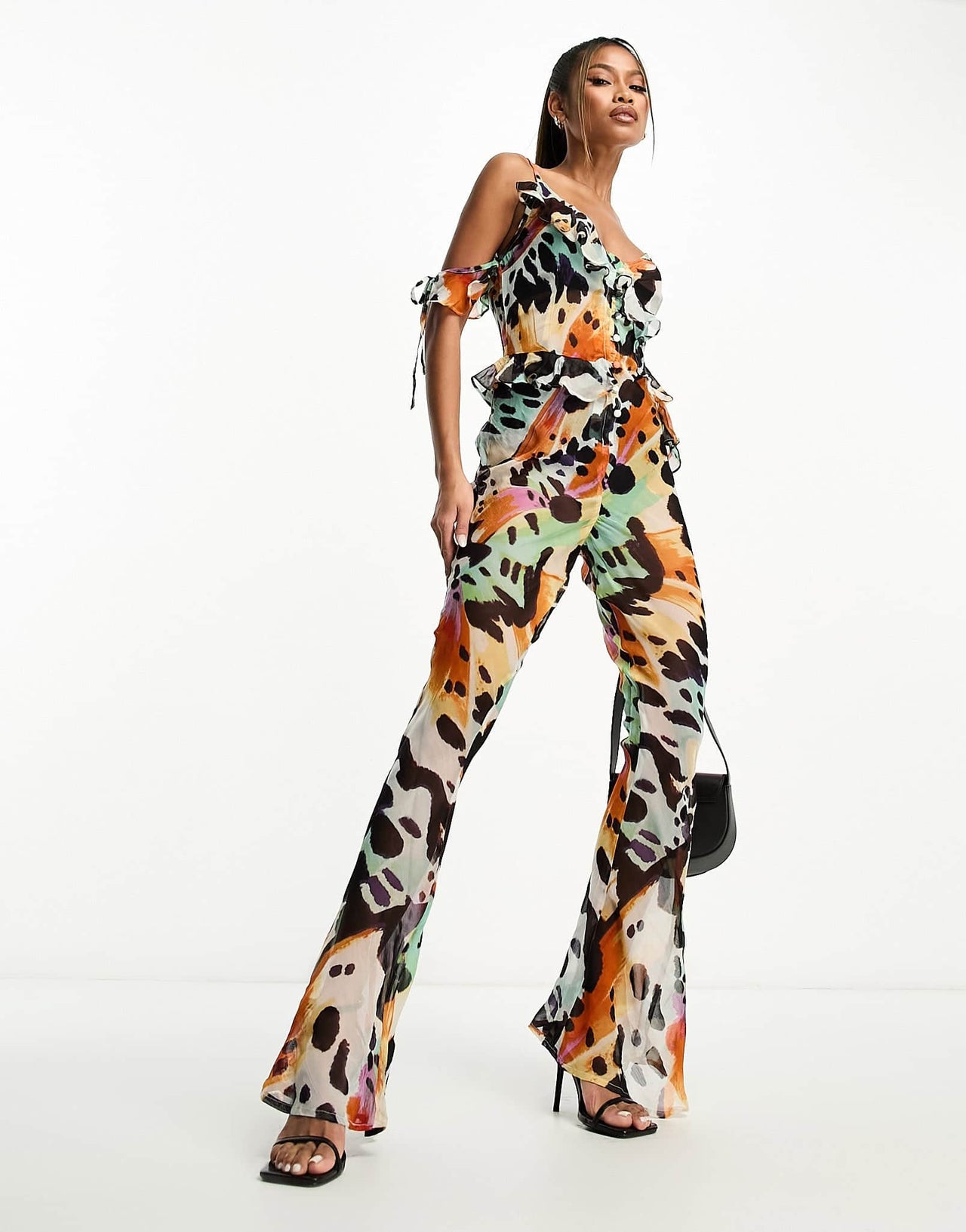 ASOS DESIGN chiffon button front jumpsuit in butterfly print