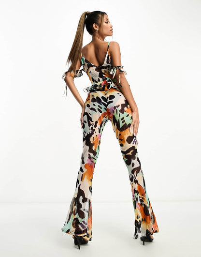 ASOS DESIGN chiffon button front jumpsuit in butterfly print
