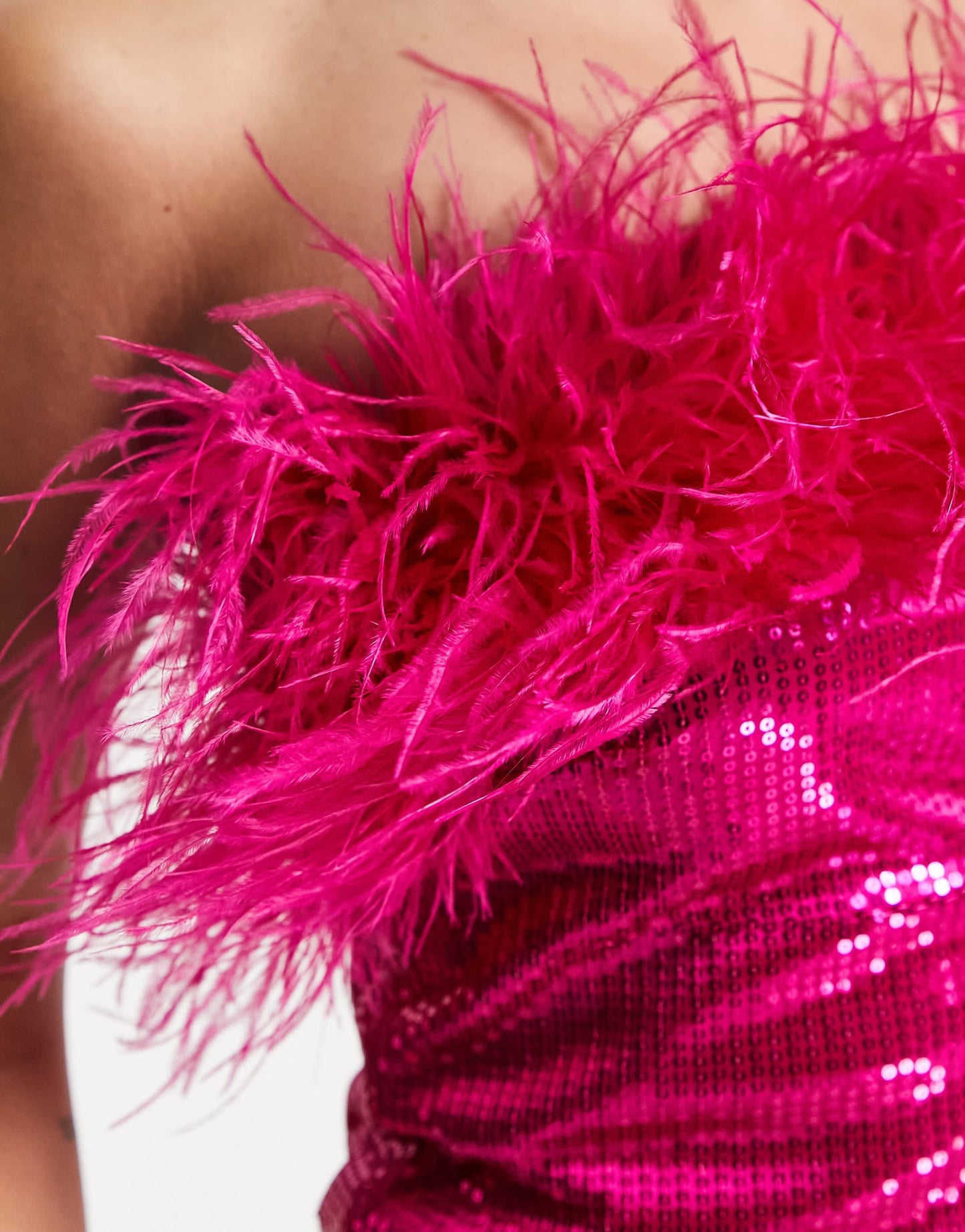 Starry Eyed premium sequin bandeau mini dress with faux feather trim in pink