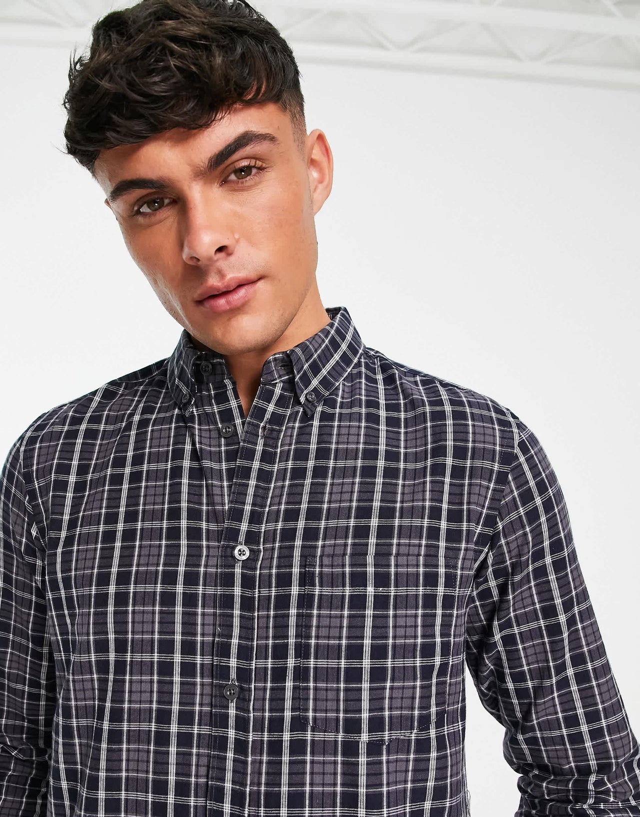 French Connection long sleeve check flannel shirt in mid navy