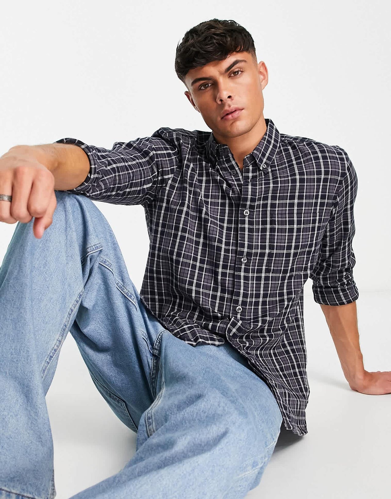 French Connection long sleeve check flannel shirt in mid navy