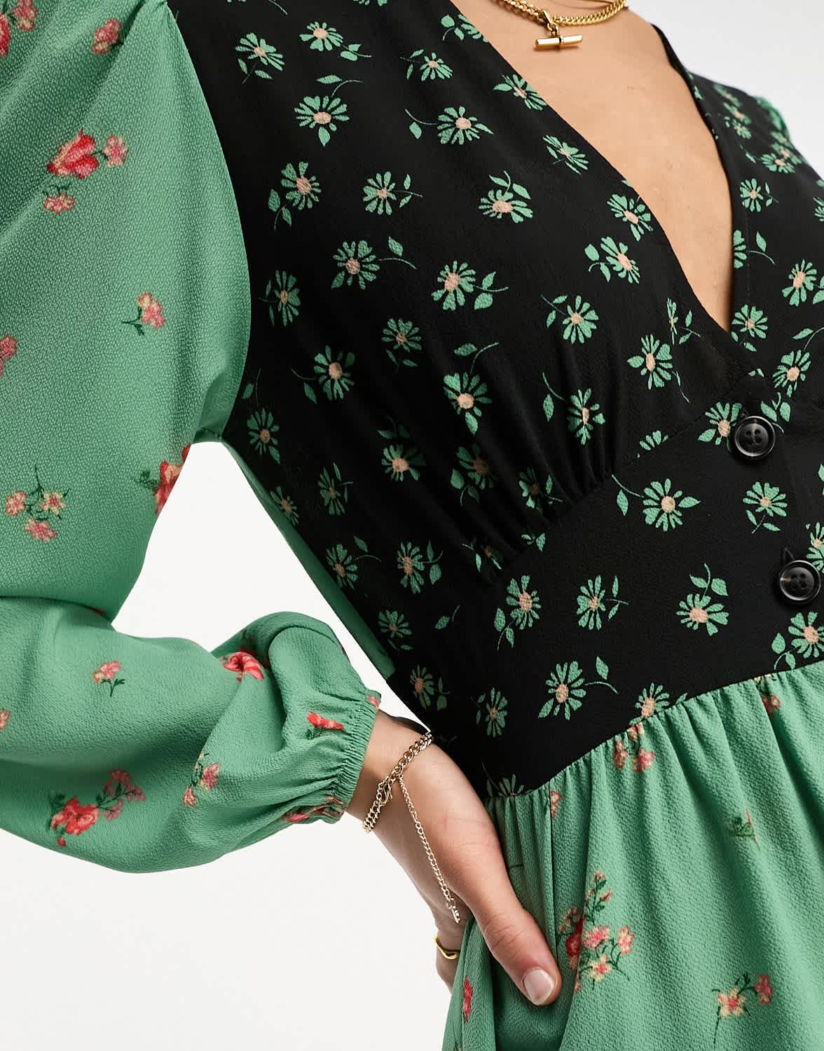 ASOS DESIGN crepe plunge neck playsuit with puff sleeve in mixed print