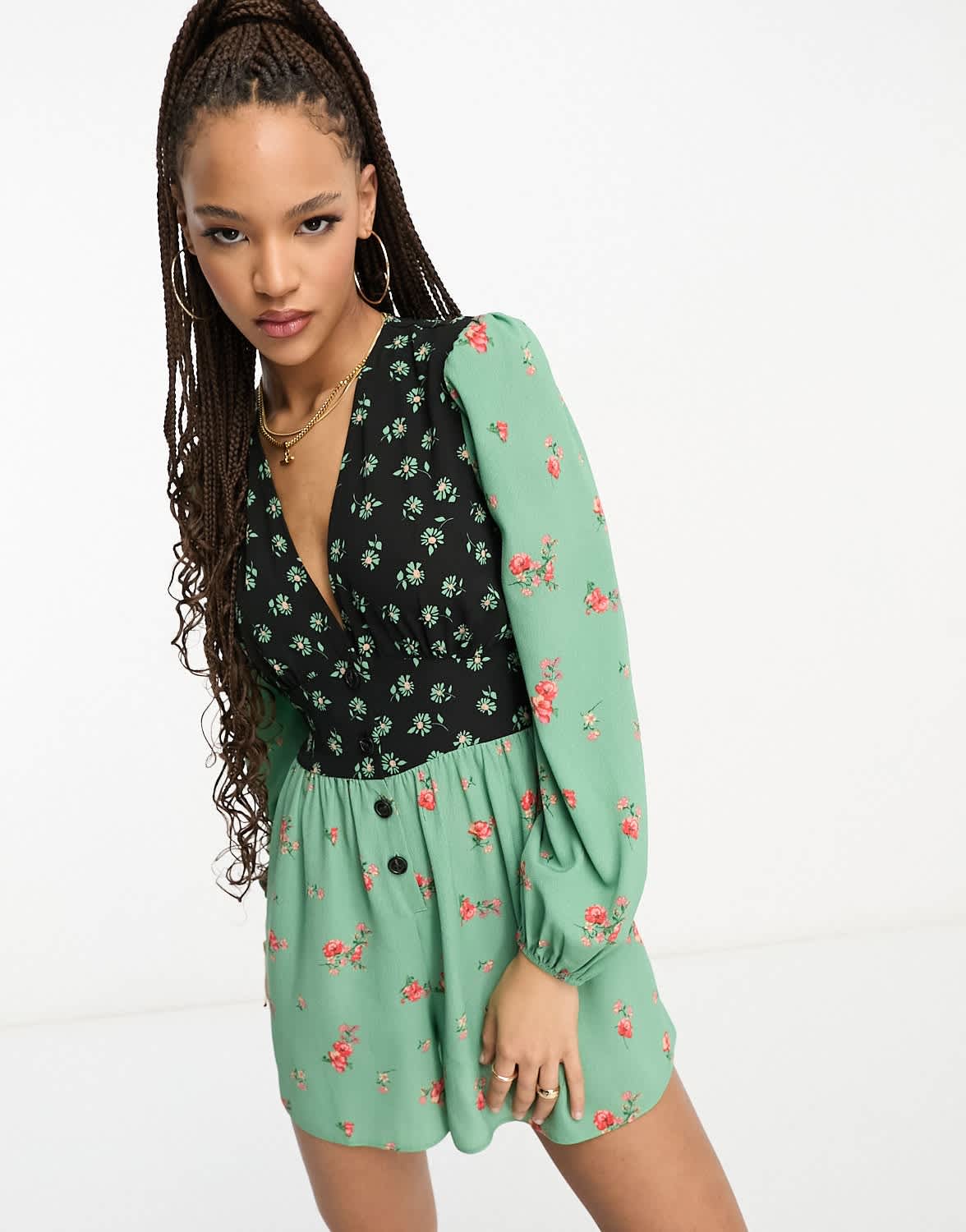 ASOS DESIGN crepe plunge neck playsuit with puff sleeve in mixed print