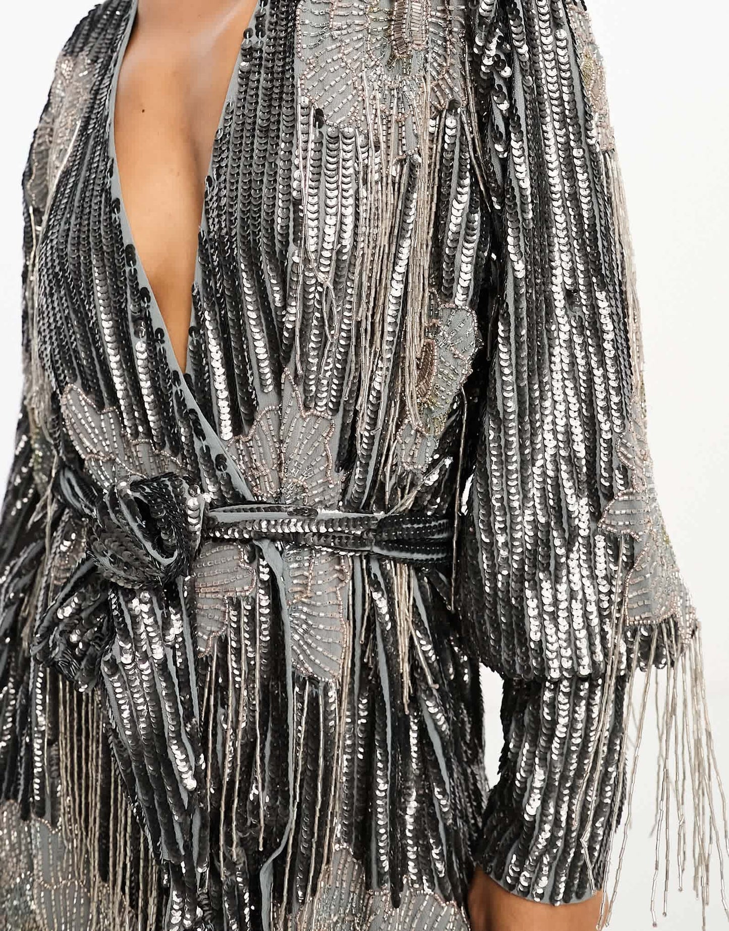 ASOS EDITION floral fringe sequin wrap mini dress in charcoal