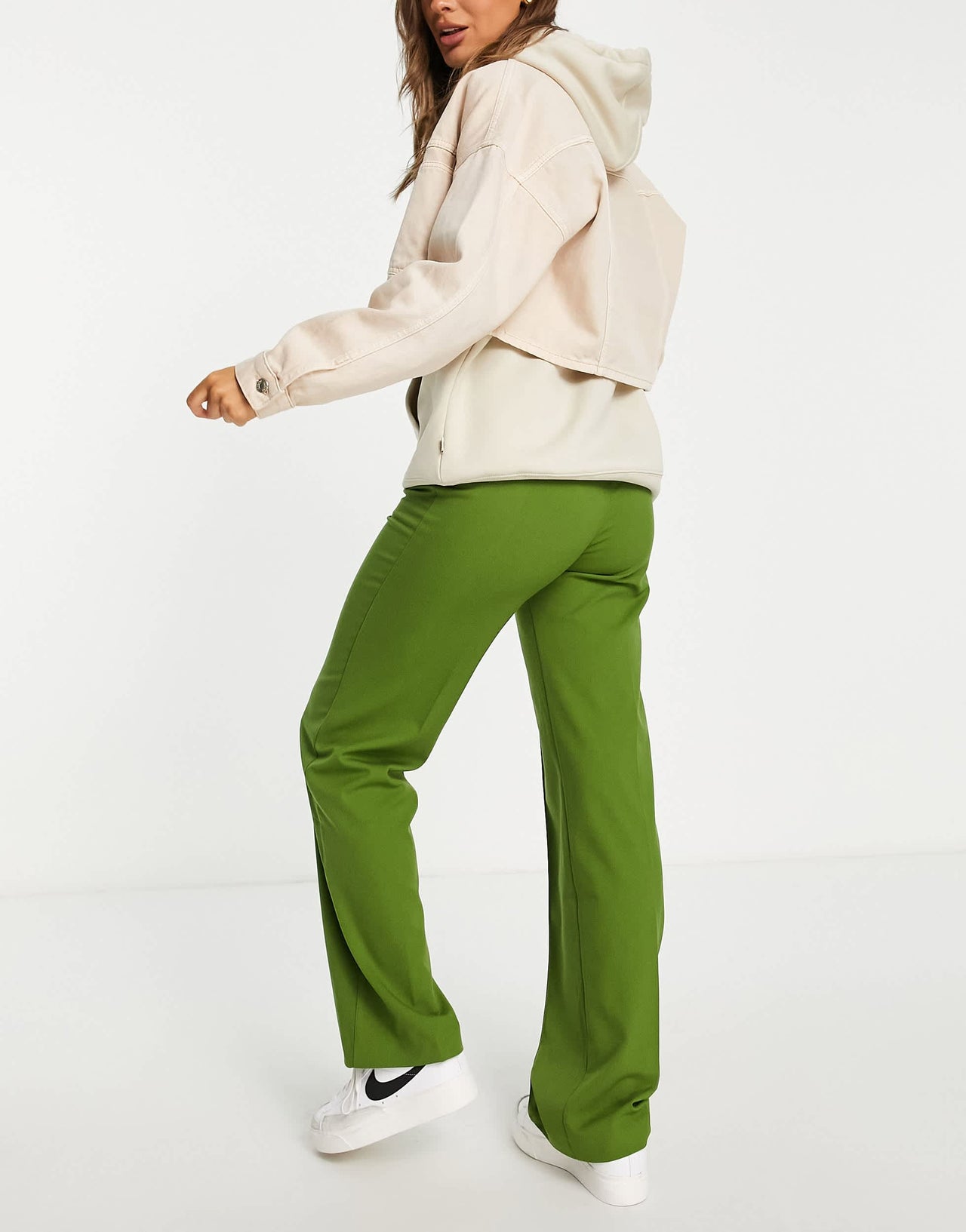Pull&Bear high waist tailored straight leg trousers with front seam in green