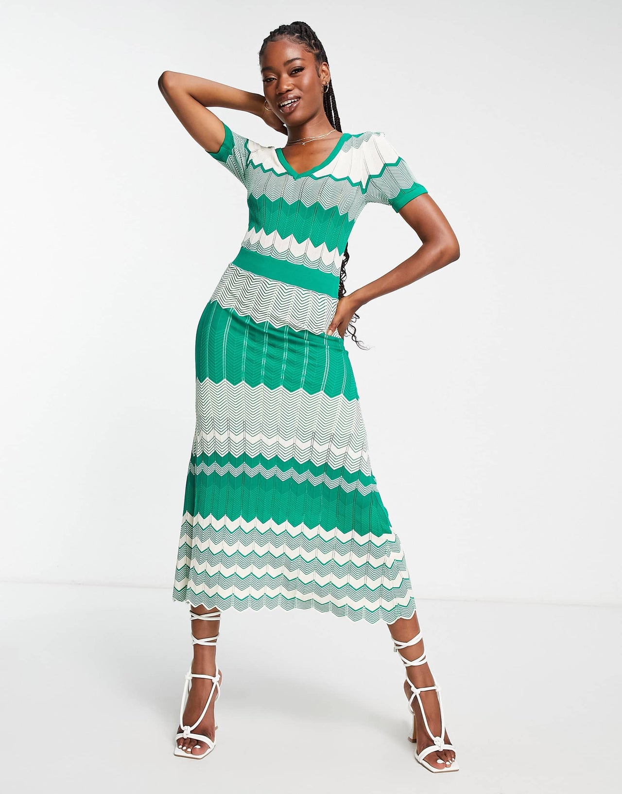 Morgan knitted contrast panel cap sleeve midi dress in green