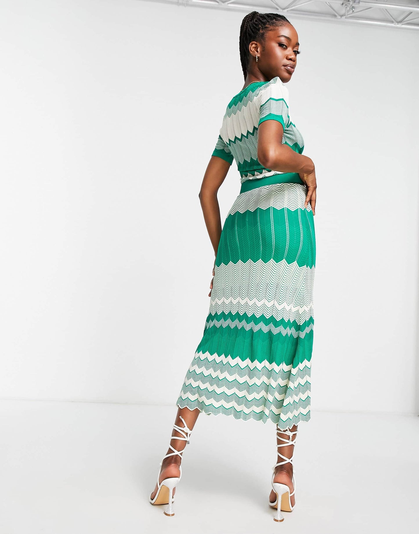 Morgan knitted contrast panel cap sleeve midi dress in green