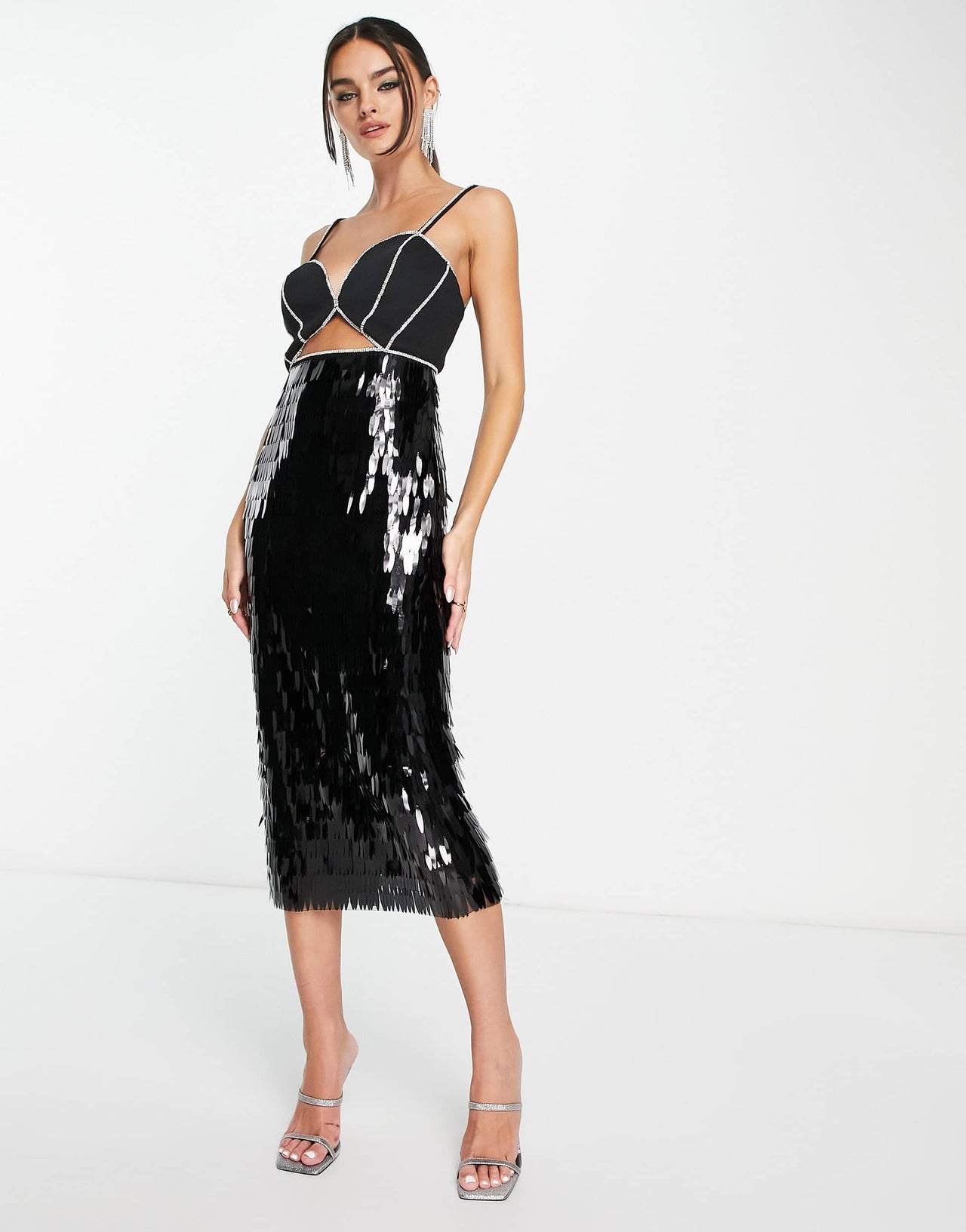 ASOS DESIGN diamante trim shabby sequin midi dress in black