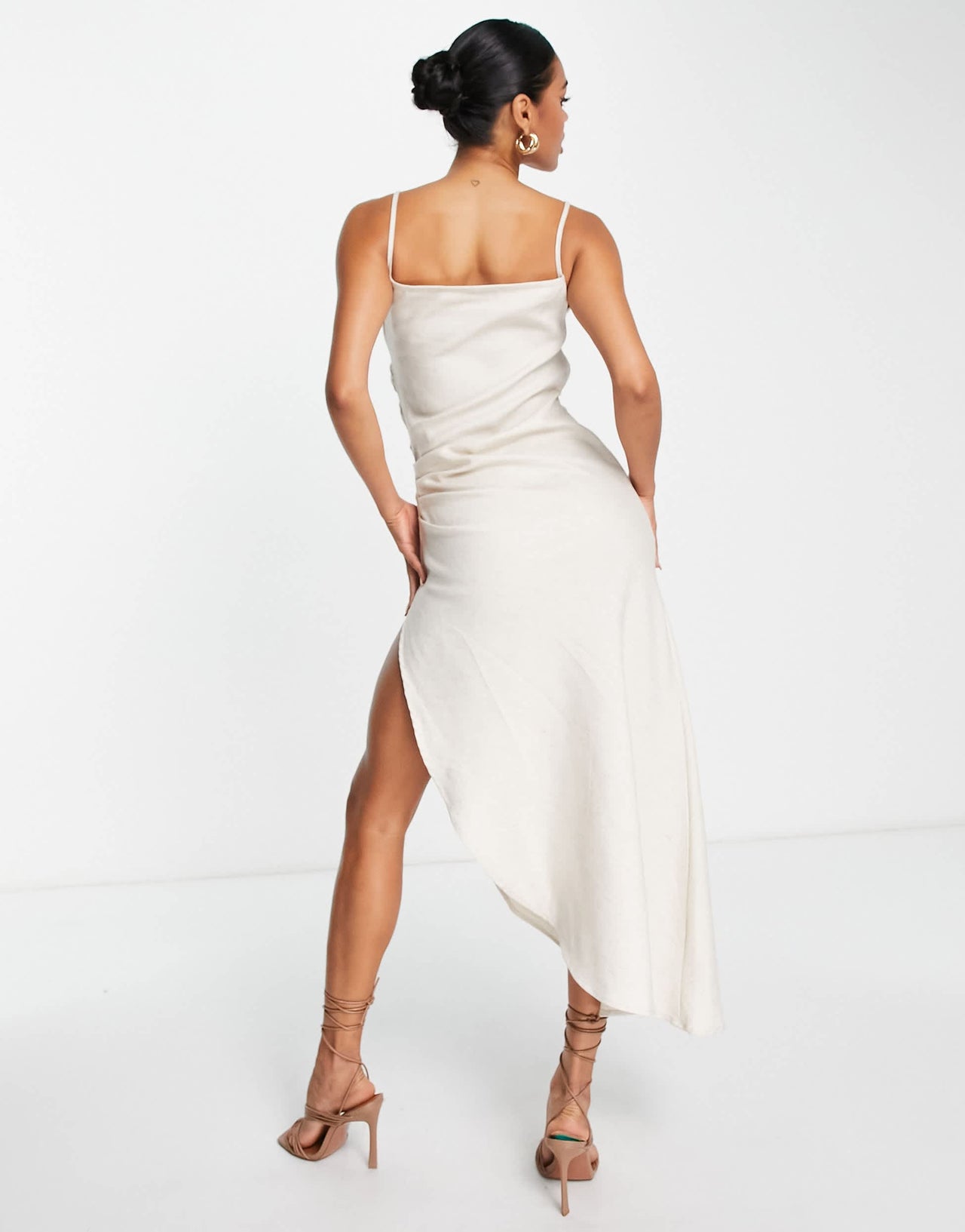 Amy Lynn one shoulder gathered midi dress in sand