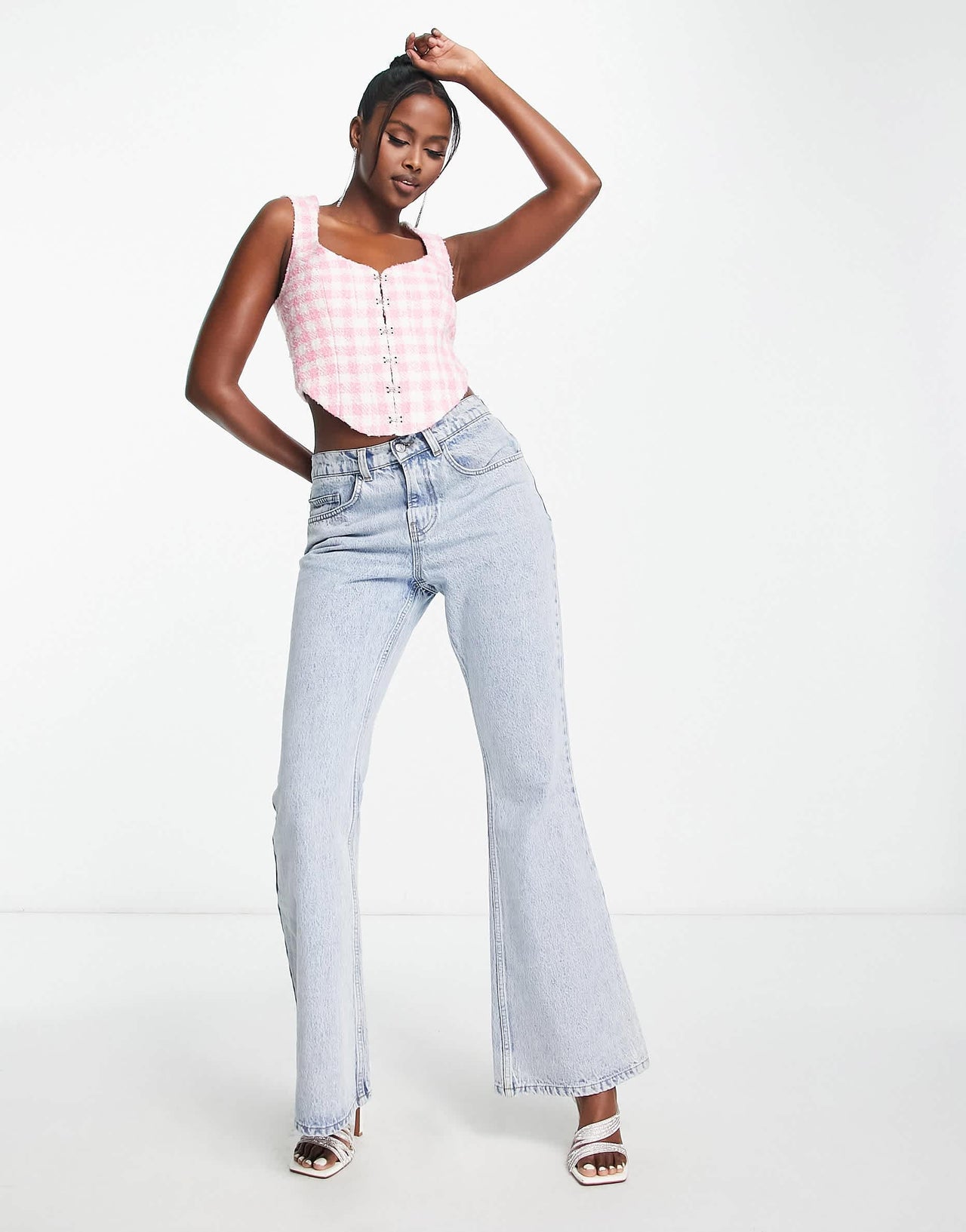 ASOS DESIGN boucle corset with hook & eye in pink & white check