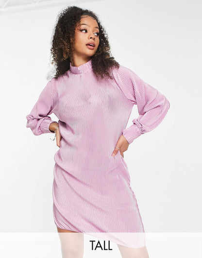 NaaNaa Tall plisse long sleeve smock dress in dusky mauve