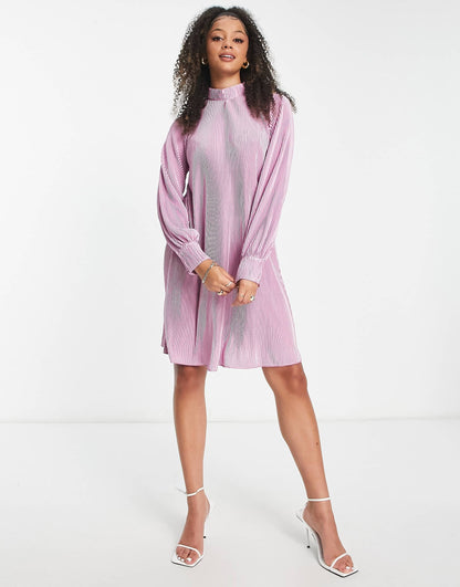NaaNaa Tall plisse long sleeve smock dress in dusky mauve
