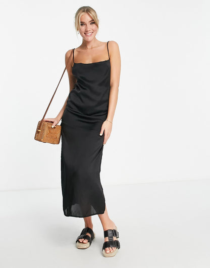 Pull&Bear black satin midi slip dress in black