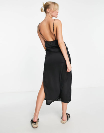 Pull&Bear black satin midi slip dress in black