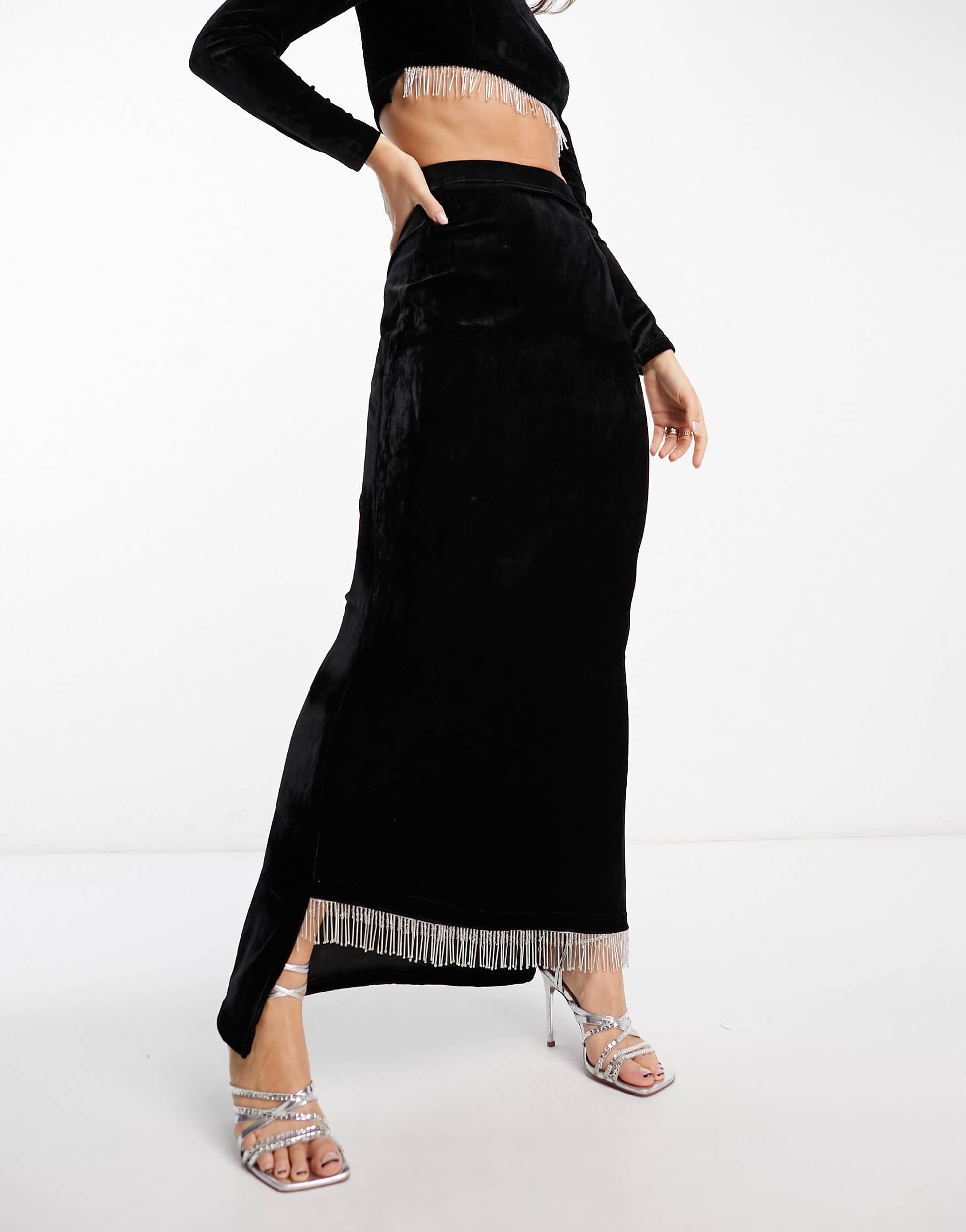 Kanya London fringe embellished maxi skirt co-ord in black
