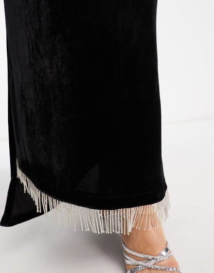 Kanya London fringe embellished maxi skirt co-ord in black