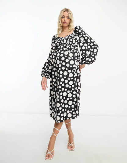 ASOS DESIGN Maternity shirred bust blouson sleeve midi dress in polka dot