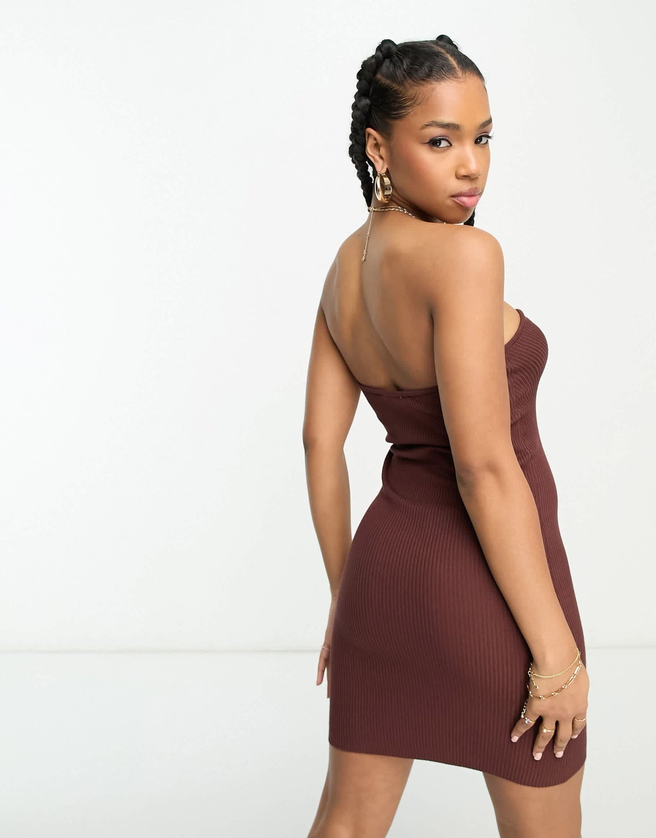 Miss Selfridge knit rib bandeau mini dress in chocolate