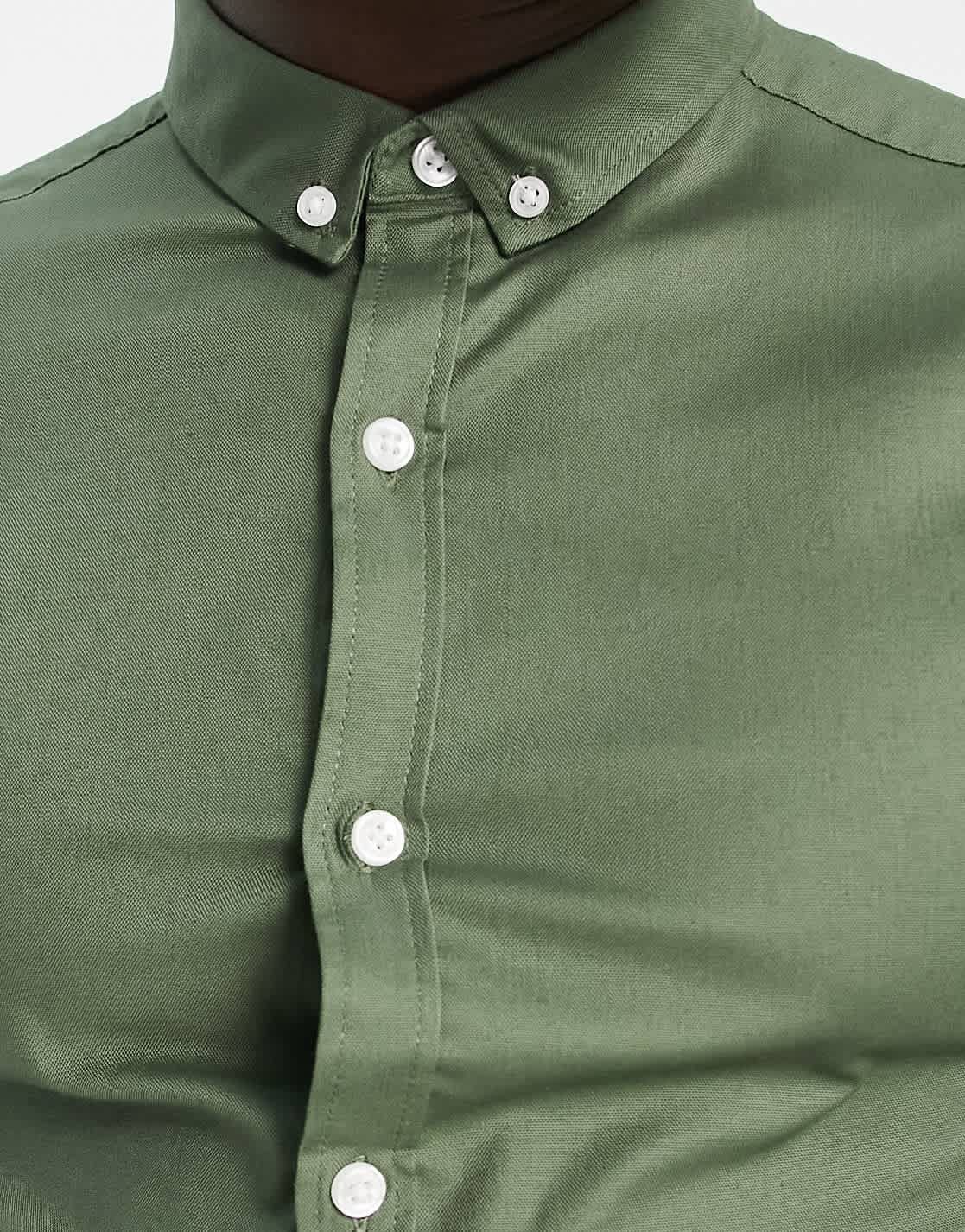 New Look long sleeve muscle fit oxford shirt in khaki