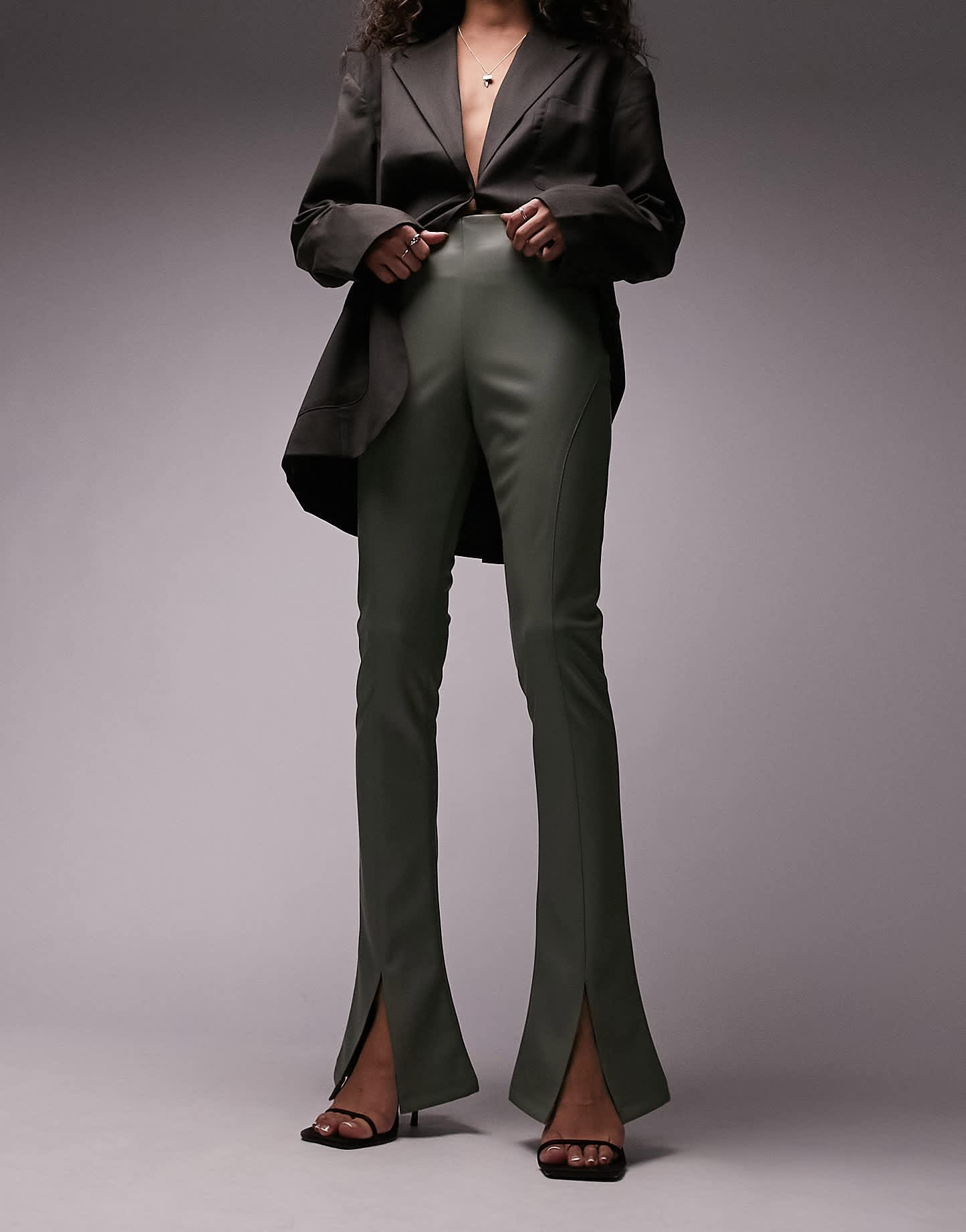 Topshop faux leather seamed flare trouser in khaki