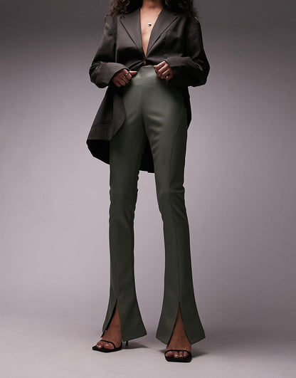 Topshop faux leather seamed flare trouser in khaki