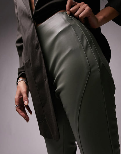 Topshop faux leather seamed flare trouser in khaki