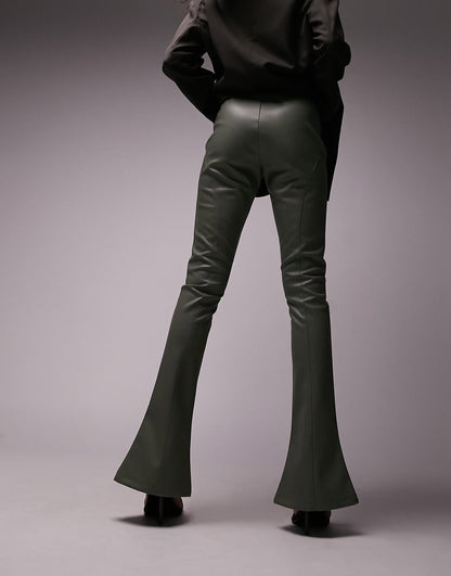 Topshop faux leather seamed flare trouser in khaki